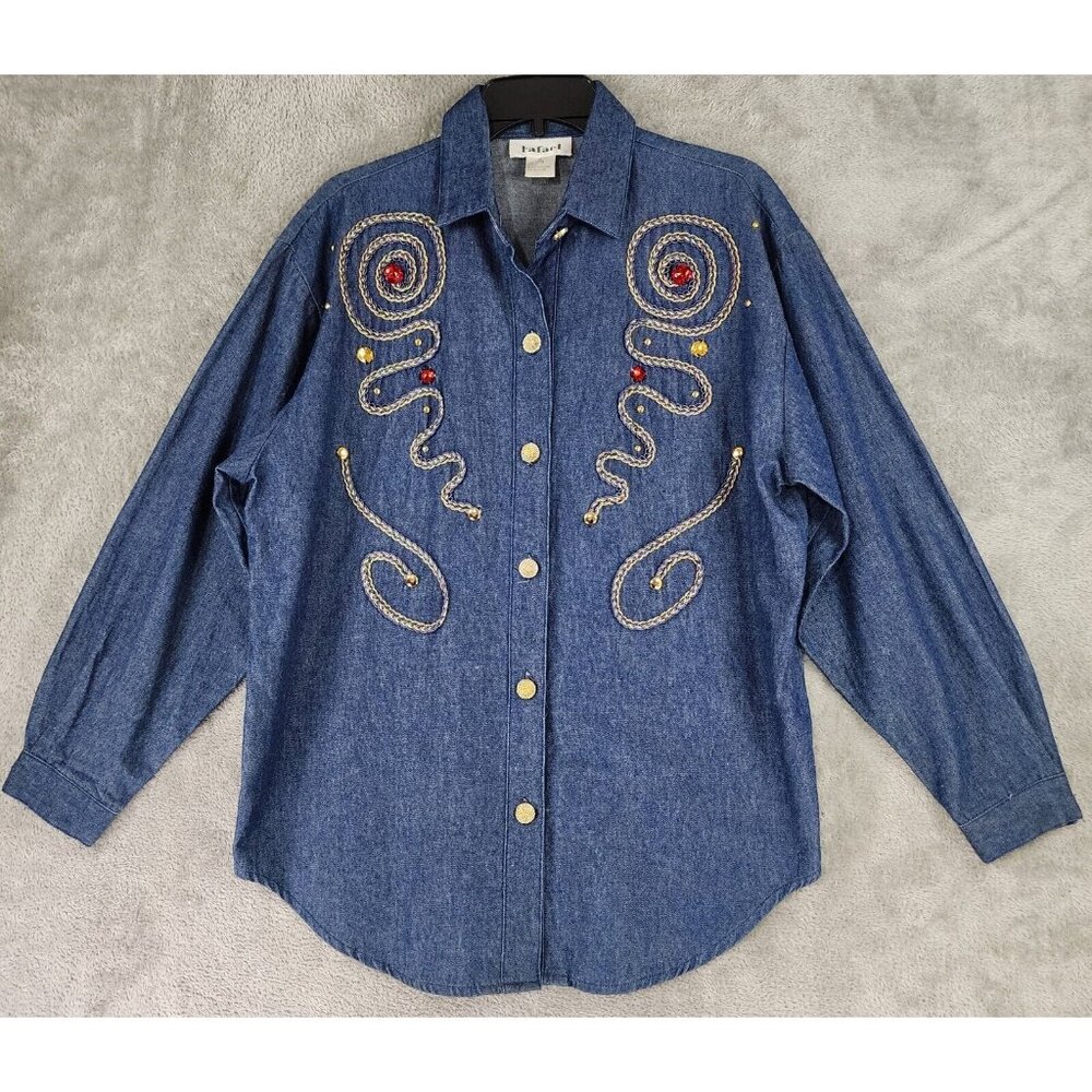 Rafael Shirt Womens Medium Denim Button Up Long Sleeve Embellishments Vintage